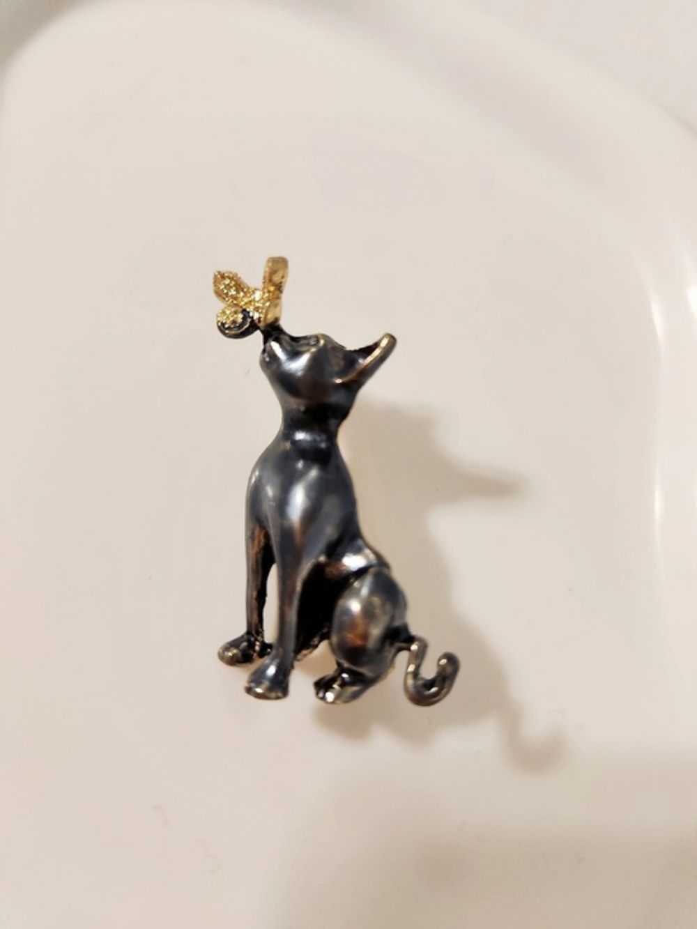 Black Silver Cat Brooch With Gold Butterfly On Its Nose 3D